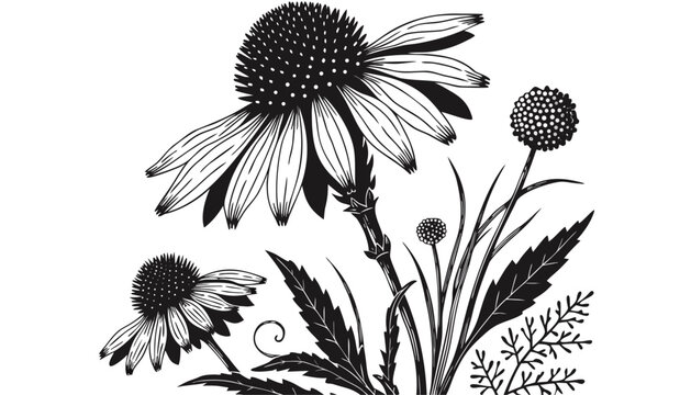 Very beautiful black-and-white engraved vector illustration of an echinacea flower, featuring detailed petals, medicinal foliage, wild meadow elements, and refined botanical engraving, isolated on a c