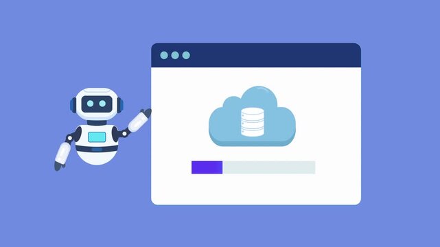 Animated robot assistant presenting a cloud security interface with protected data access and progress indicator. Looping motion graphic for cybersecurity, cloud computing, and technology concepts.