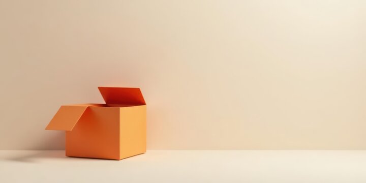 A partly opened light orange cube-shaped box sits on a neutral-toned surface against a pale background.