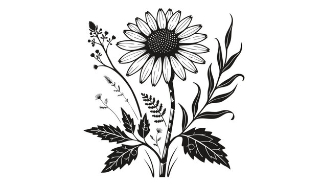 Very beautiful black-and-white engraved vector illustration of an echinacea flower, featuring detailed petals, medicinal foliage, wild meadow elements, and refined botanical engraving, isolated on a c