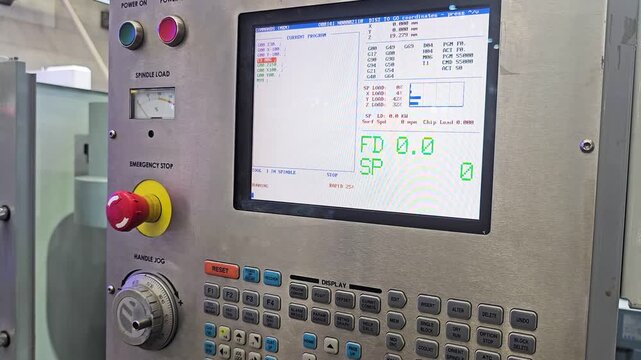 Close-up of CNC Machine Control Panel with LCD Screen and Emergency Stop Button in a Manufacturing Facility