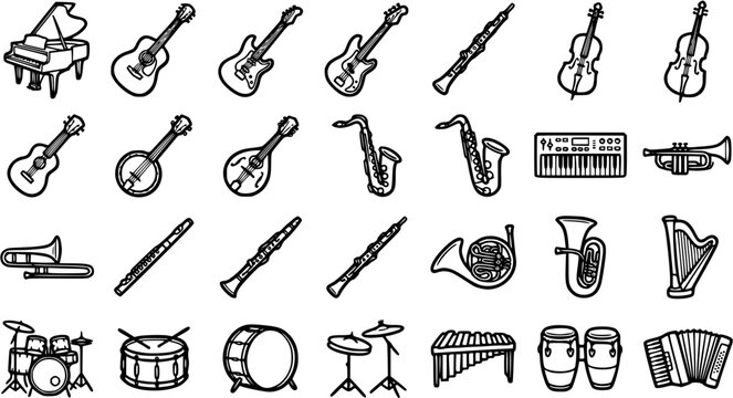 Black and White Line Art Icons of Various Musical Instruments