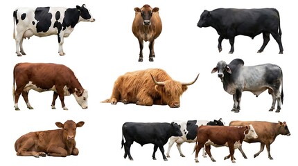 Fototapeta premium A group of cows and bulls standing and lying isolated on white