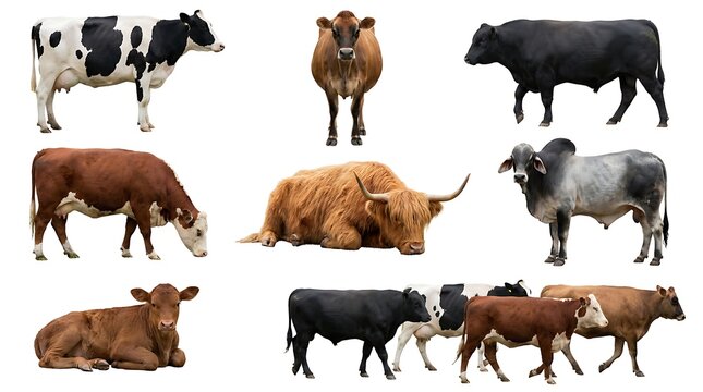 A group of cows and bulls standing and lying isolated on white
