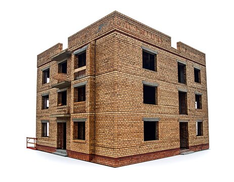 A 3D model of a multi-story brick building with empty windows