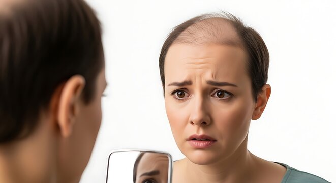 Woman examining hair loss in mirror depiction of self reflection and concern