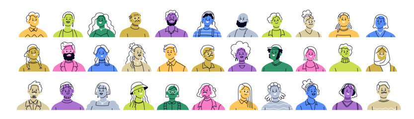 Obraz na płótnie Canvas Colored abstract avatars of diverse men, women characters set. Happy smiling faces, head portraits of people, drawn user profiles, modern style. Flat vector illustration isolated on white background