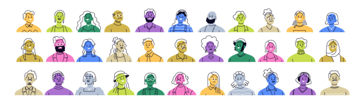 Colored abstract avatars of diverse men, women characters set. Happy smiling faces, head portraits of people, drawn user profiles, modern style. Flat vector illustration isolated on white background
