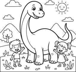 Cartoon Long-Neck Dinosaur with Happy Children Coloring Page Outline © Durjoy 