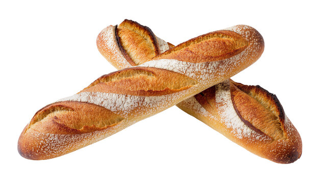 Two crusty French baguettes with flour dusting