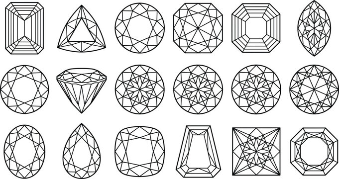 Comprehensive precious gemstone cutting types chart featuring black outline wireframe jewelry forms vector illustration isolated on white