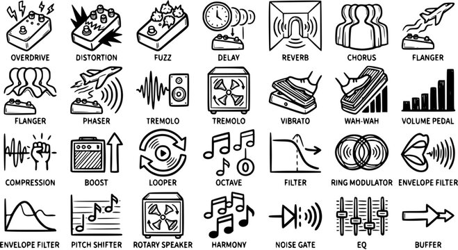Black and White Line Art Icons of Guitar Effect Pedals and Audio Symbols