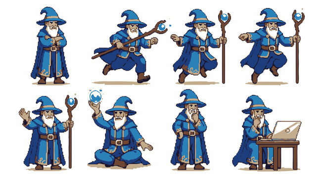 Blue cartoon wizard character mascot poses and magic.