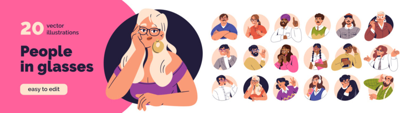 Diverse people in glasses, avatars set. Happy men and women wearing spectacles, eyeglasses for bad eyesight. Characters looking through eyewear. Flat vector illustration isolated on white background