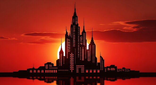 Silhouette of Futuristic City Skyline Against Red Sunset with Reflection.