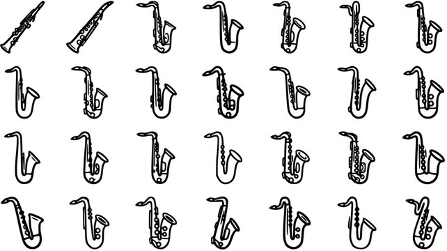 Music Wind Instruments Black and White Line Art Icons Set. Outline Saxophone, Oboe, and Clarinet Collection for Musical Themes and Entertainment Design.