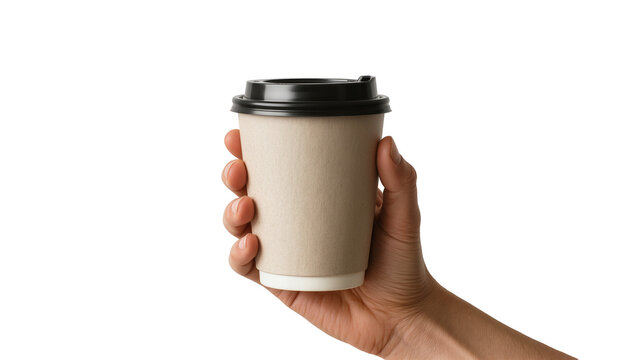 Hand holding disposable coffee cup with black lid