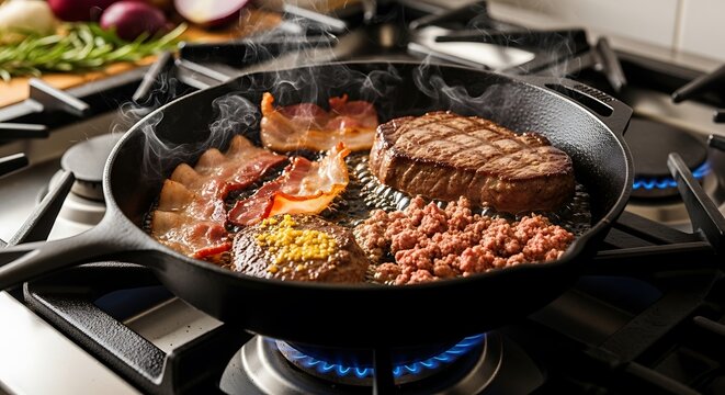 Sizzling Steak  Bacon in Cast Iron Pan on Gas Stove  Gourmet Cooking.