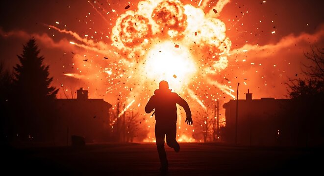 Silhouette of person running from massive explosion in urban setting.