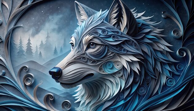 Animal portrait paper quilling concept. Intricate artistic wolf illustration with swirling patterns in a mystical forest.