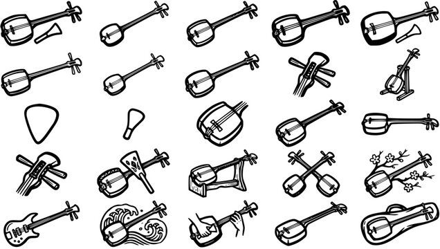 Black and White Line Art Illustrations of Traditional Japanese Shamisen String Instruments