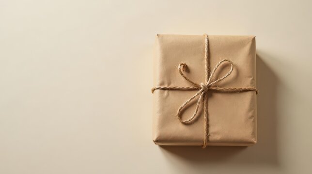 A simply wrapped gift box with a rustic twine bow, presented on a neutral background, symbolizes thoughtful giving and understated elegance.