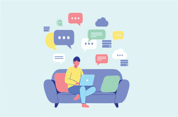 Fototapeta premium A person sits on a sofa with a laptop, surrounded by colorful speech bubbles and cloud icons. This illustration represents remote work, online communication, digital networking.