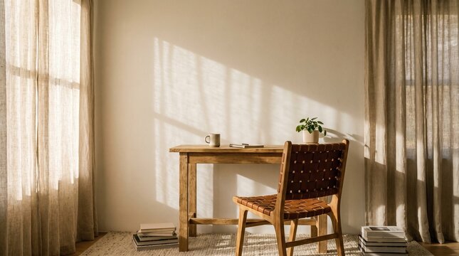Rustic wooden desk near a window with harsh shadows