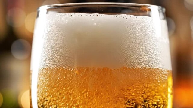 Cold golden beer pouring into glass with thick white foam head
