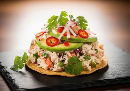 Delicious crab tostada with avocado, cilantro, and chili peppers