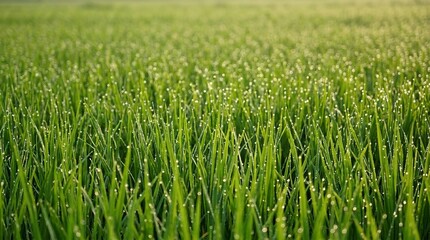 Obraz premium Dewdrops sparkle on lush green grass in soft morning light, evoking freshness and tranquility.