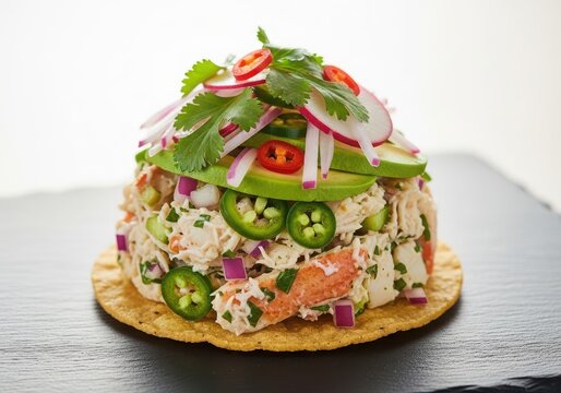 Gourmet crab tostada with avocado, jalapeno, and fresh radish