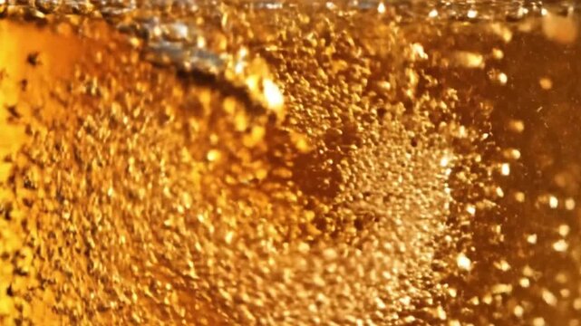 Bubbles rising in golden amber carbonated liquid