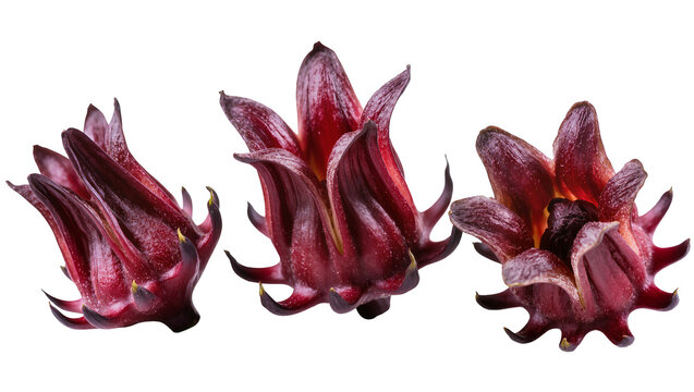 Three deep red roselle hibiscus flowers with yellow tips