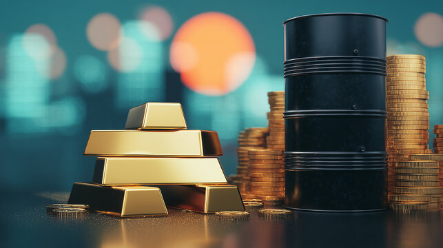 Financial concept illustration featuring gold bullion, oil barrel and stacked coins symbolizing commodity markets and global investment.