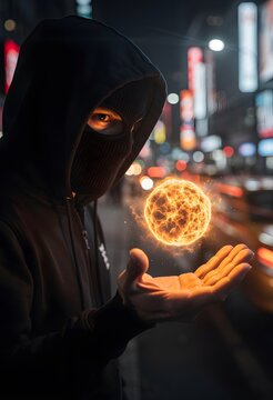 Mysterious Person in Black Hoodie and Mask Holding a Glowing Fireball Orb on a Night City Street