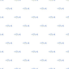 Fototapeta premium Blue salmon fish swimming in a seamless repeating pattern on a white background