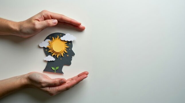 Hands protect a silhouette of a head filled with sunshine and clouds, symbolizing hope and mental well-being.
