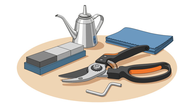 Gardening tools and maintenance set with pruning shears, oil can, and sharpening stone