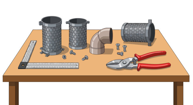Workshop table with pipes and tools in detailed cartoon style