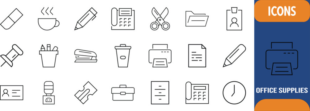 Office business supplies line icons. phone icon set, folder icon set, printer icon set
