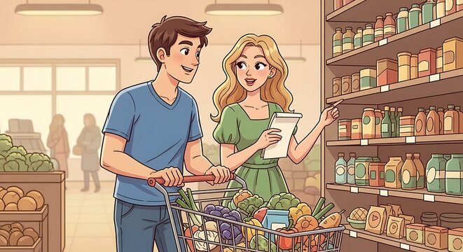 Smiling couple shopping in grocery store with choosing healthy products, and cartoon style.