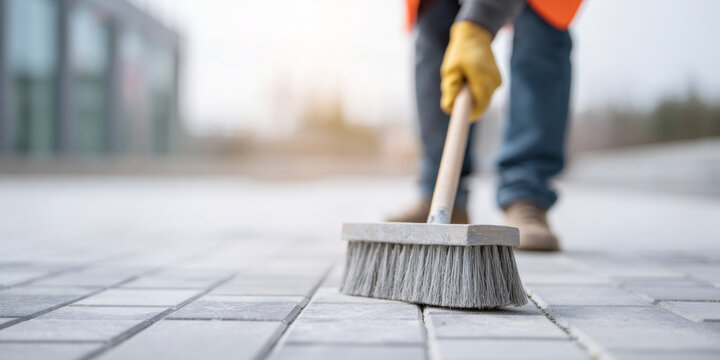 Worker sweeping outdoor tiled pavement