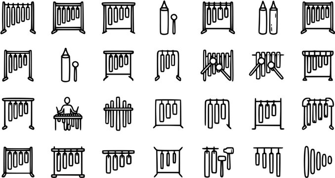 Music Percussion Instruments Line Art Icons. Set of Outline Chimes, Glockenspiel, Xylophone, and Mallet Symbols for Sound and Orchestra Themes.