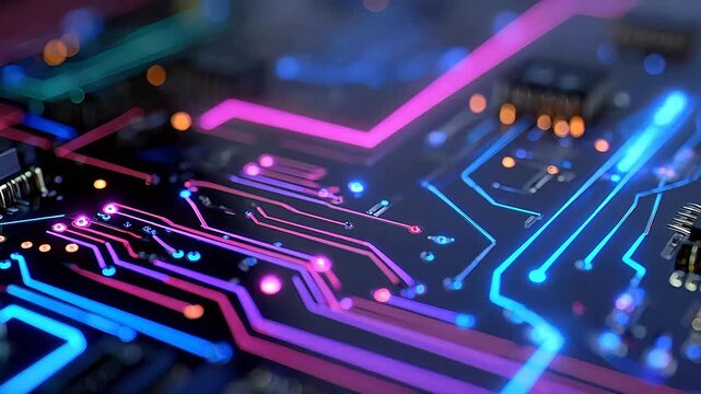 Circuit board with glowing neon lines