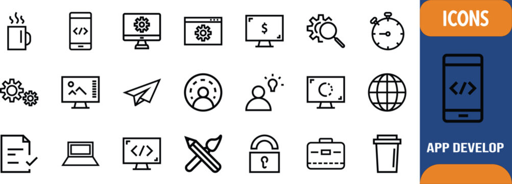 Development and coding line icons. monitor icon set, phone icon set, gears icon set