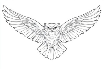 Obraz premium Majestic Owl in Flight, Detailed Outline Illustration of a Bird with Open Wings, Symbol of Wisdom