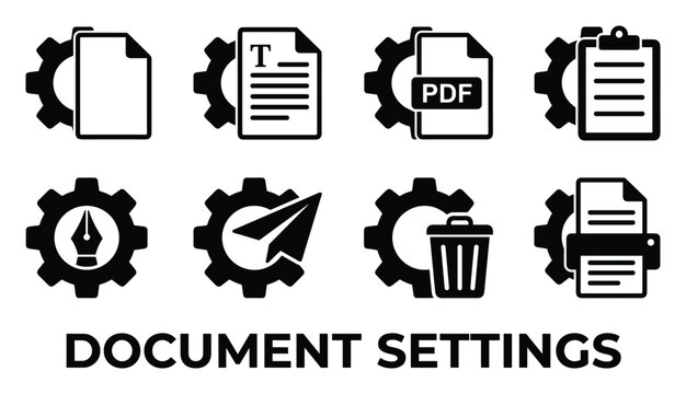 Document settings icons gear cog document blank document with text pdf and clipboard pen tool paper airplane.