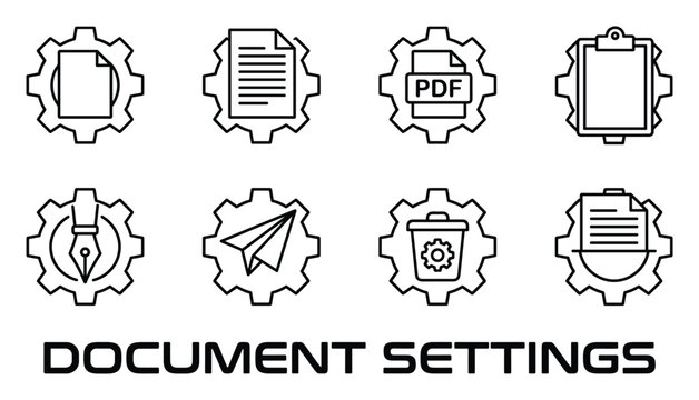 Document settings icons gear cog blank document text pdf clipboard fountain pen paper airplane trash bin.