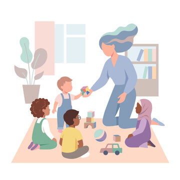 Flat illustration of a teacher guiding a diverse group of children during play-based learning activities in a classroom. The scene highlights early childhood education, inclusion, and creativity.